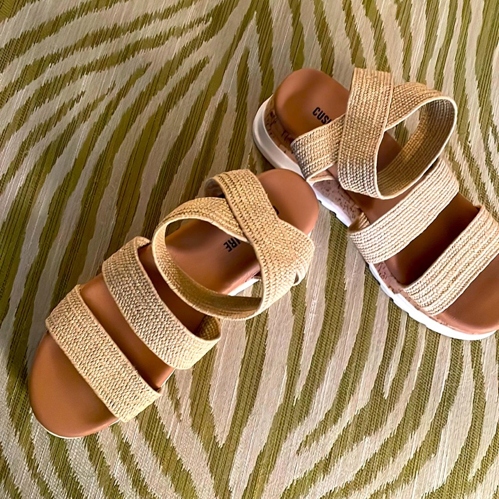 Strappy tan and white sandals